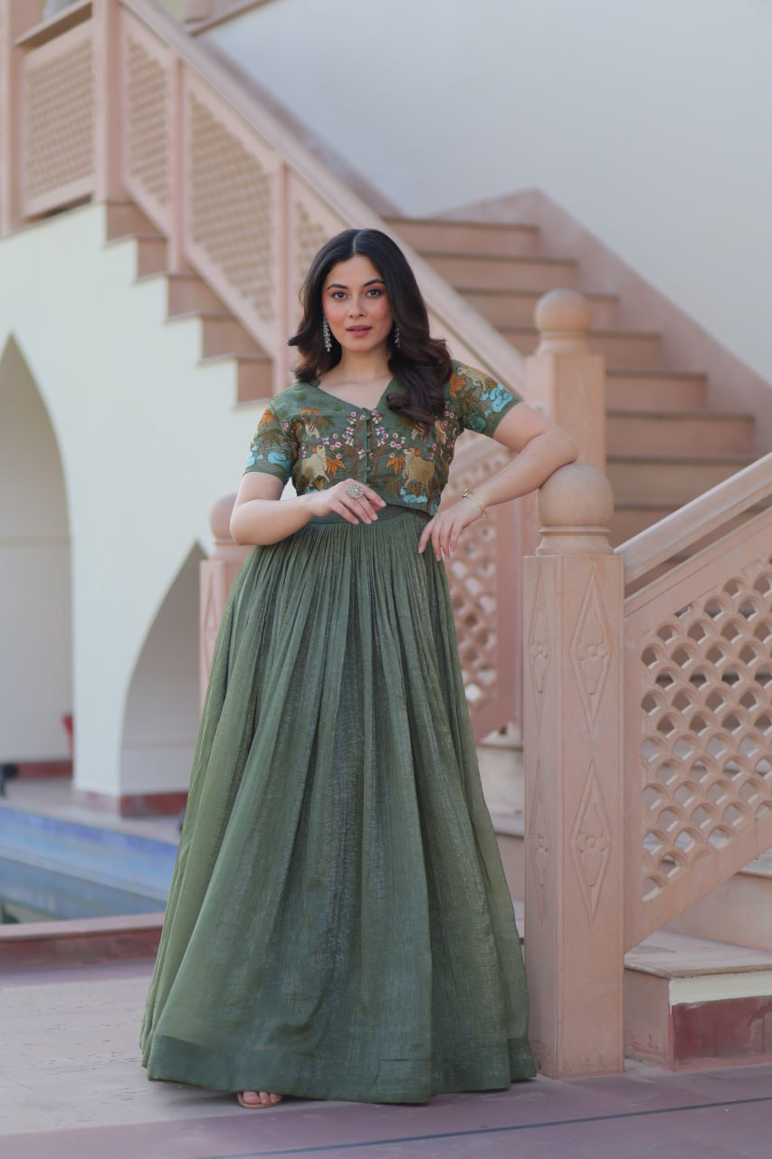Party Wear Light Green Color Silver Crunchy Fabric With Fancy Round Neck Designer Gown