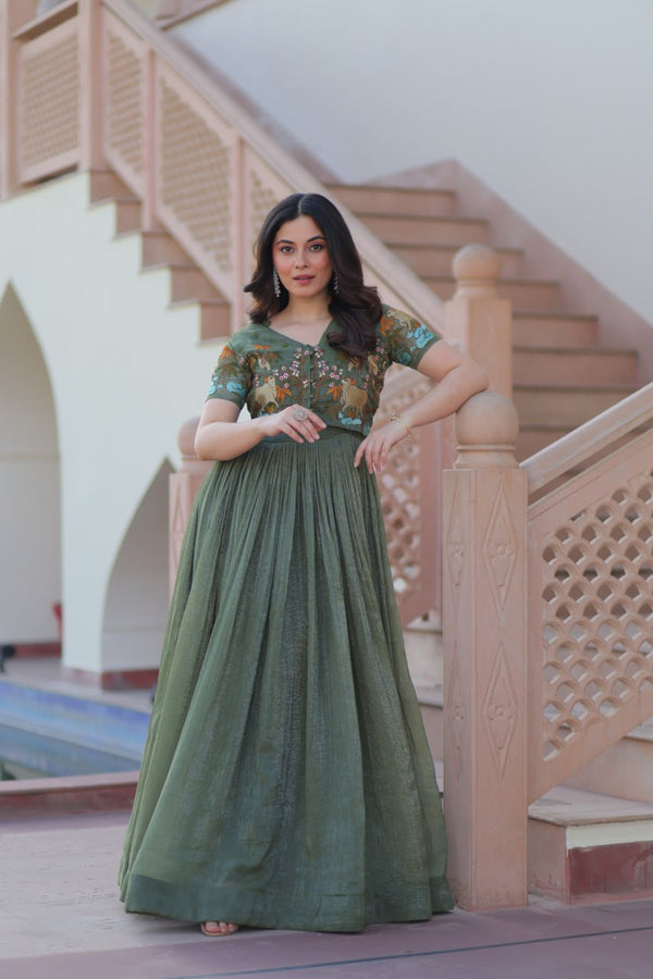 Party Wear Light Green Color Silver Crunchy Fabric With Fancy Round Neck Designer Gown