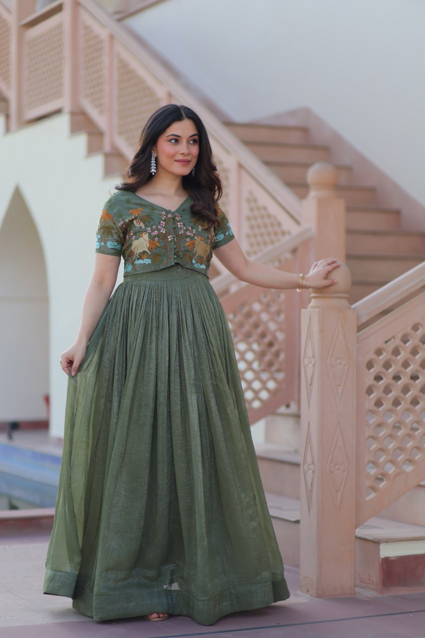 Party Wear Light Green Color Silver Crunchy Fabric With Fancy Round Neck Designer Gown