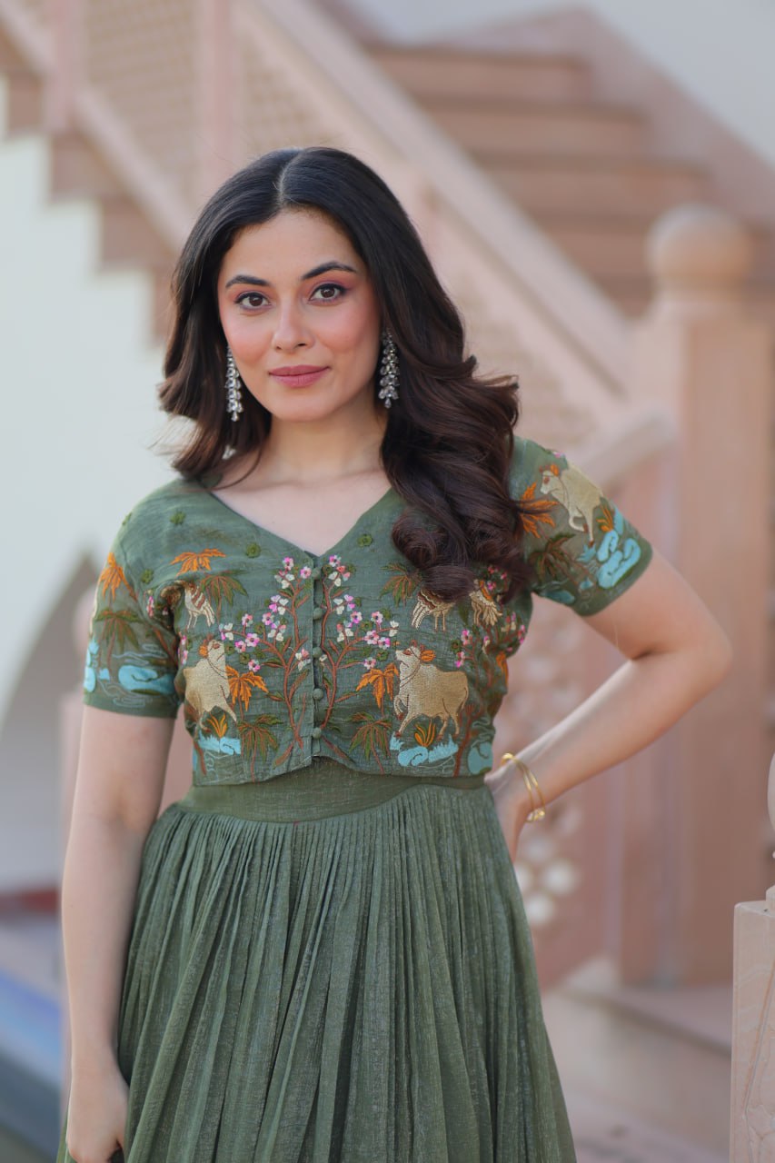 Party Wear Light Green Color Silver Crunchy Fabric With Fancy Round Neck Designer Gown