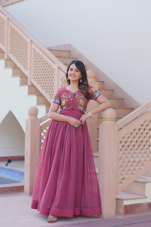 Wedding Wear Wine Color Silver Crunchy Fabric With Fancy Round Neck Designer Gown