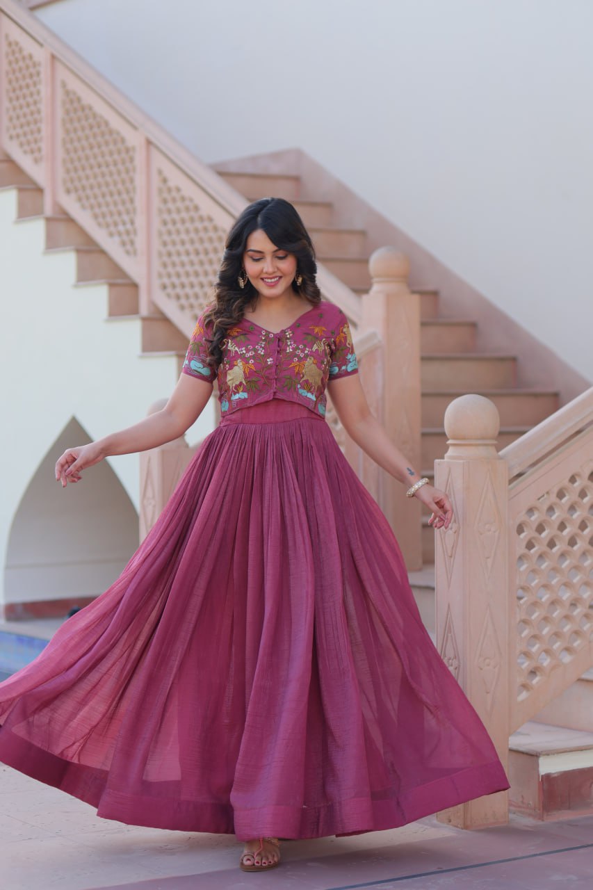 Wedding Wear Wine Color Silver Crunchy Fabric With Fancy Round Neck Designer Gown