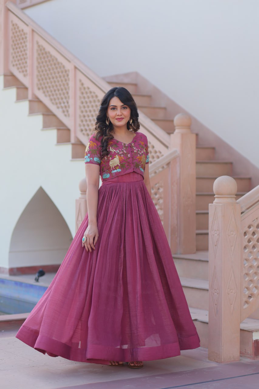 Wedding Wear Wine Color Silver Crunchy Fabric With Fancy Round Neck Designer Gown