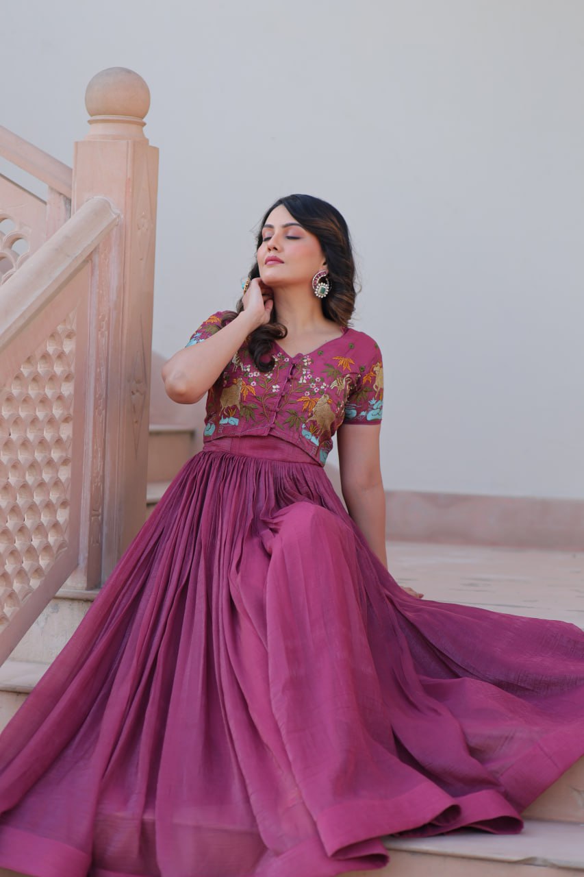 Wedding Wear Wine Color Silver Crunchy Fabric With Fancy Round Neck Designer Gown