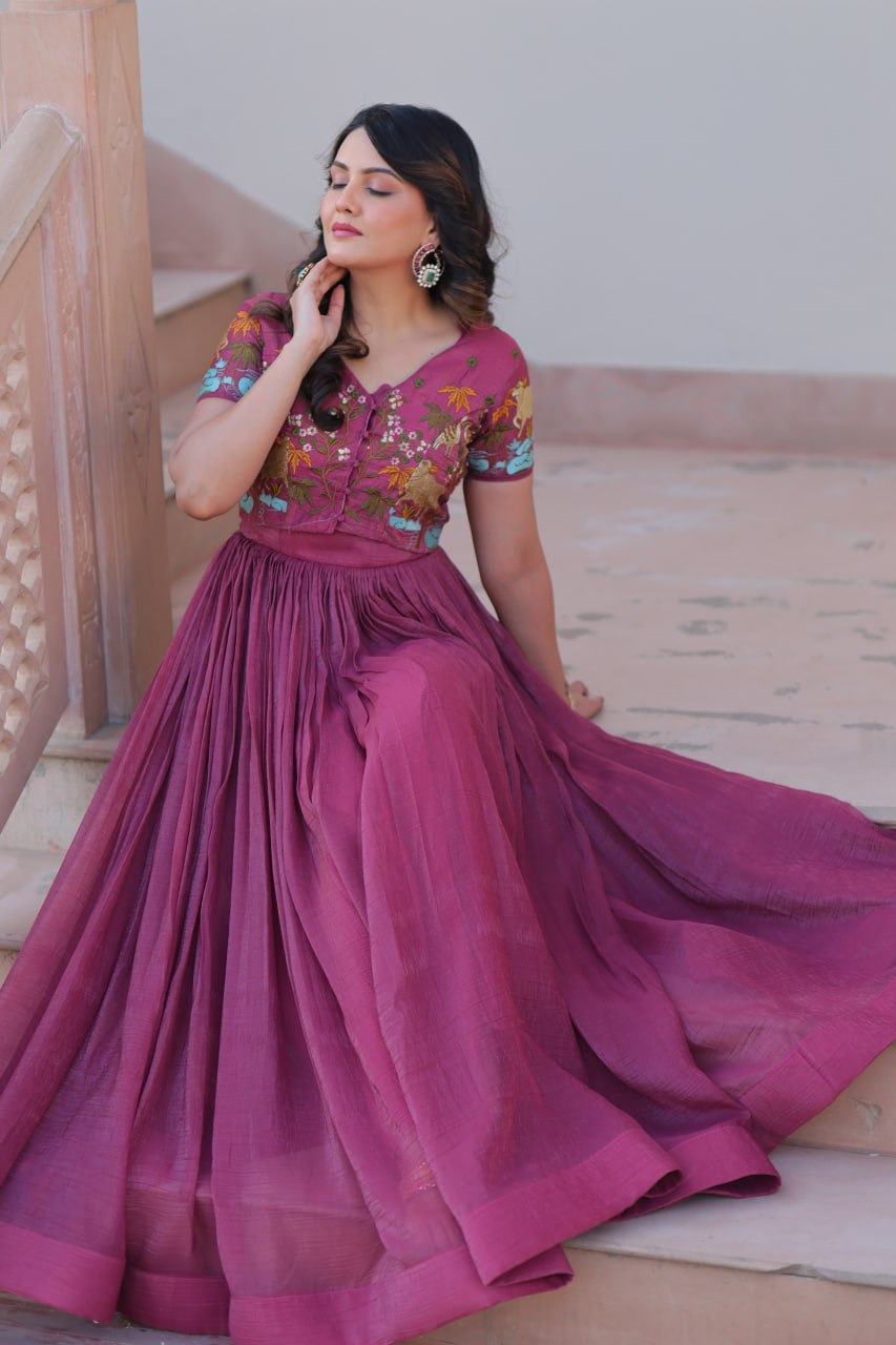 Wedding Wear Wine Color Silver Crunchy Fabric With Fancy Round Neck Designer Gown