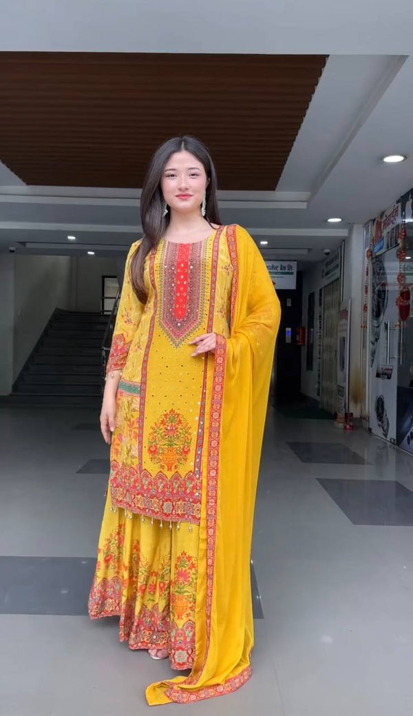Haldi Wear Yellow Color Heavy Natural Silk Digital Print With Real Mirror Hand Work Palazzo Suit