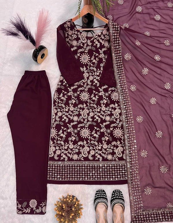 Festive Wear Wine Color Faux Georgette With All Over Sequence Embroidery Work Designer Salwar Suit