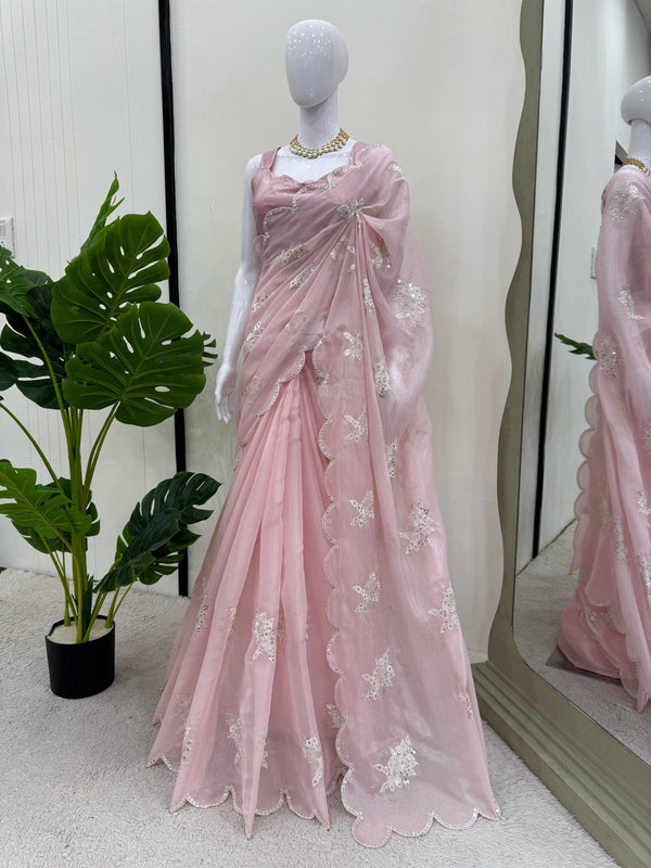 Fabulous Baby Pink Color Heavy Jimmy Chu And Thread With 9MM Sequence Work Saree