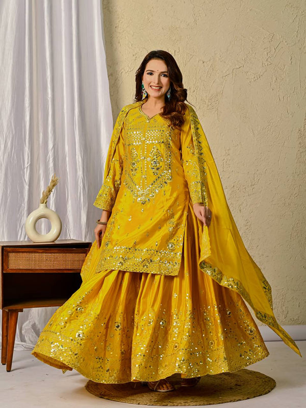 Beautiful Mustard Color Sequence Work Designer Sharara Suit