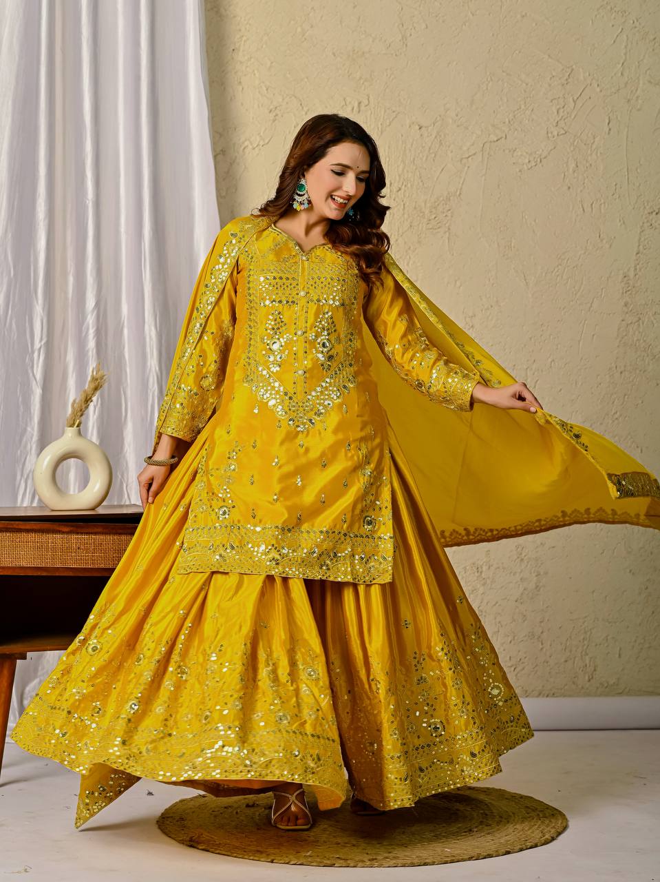 Beautiful Mustard Color Sequence Work Designer Sharara Suit