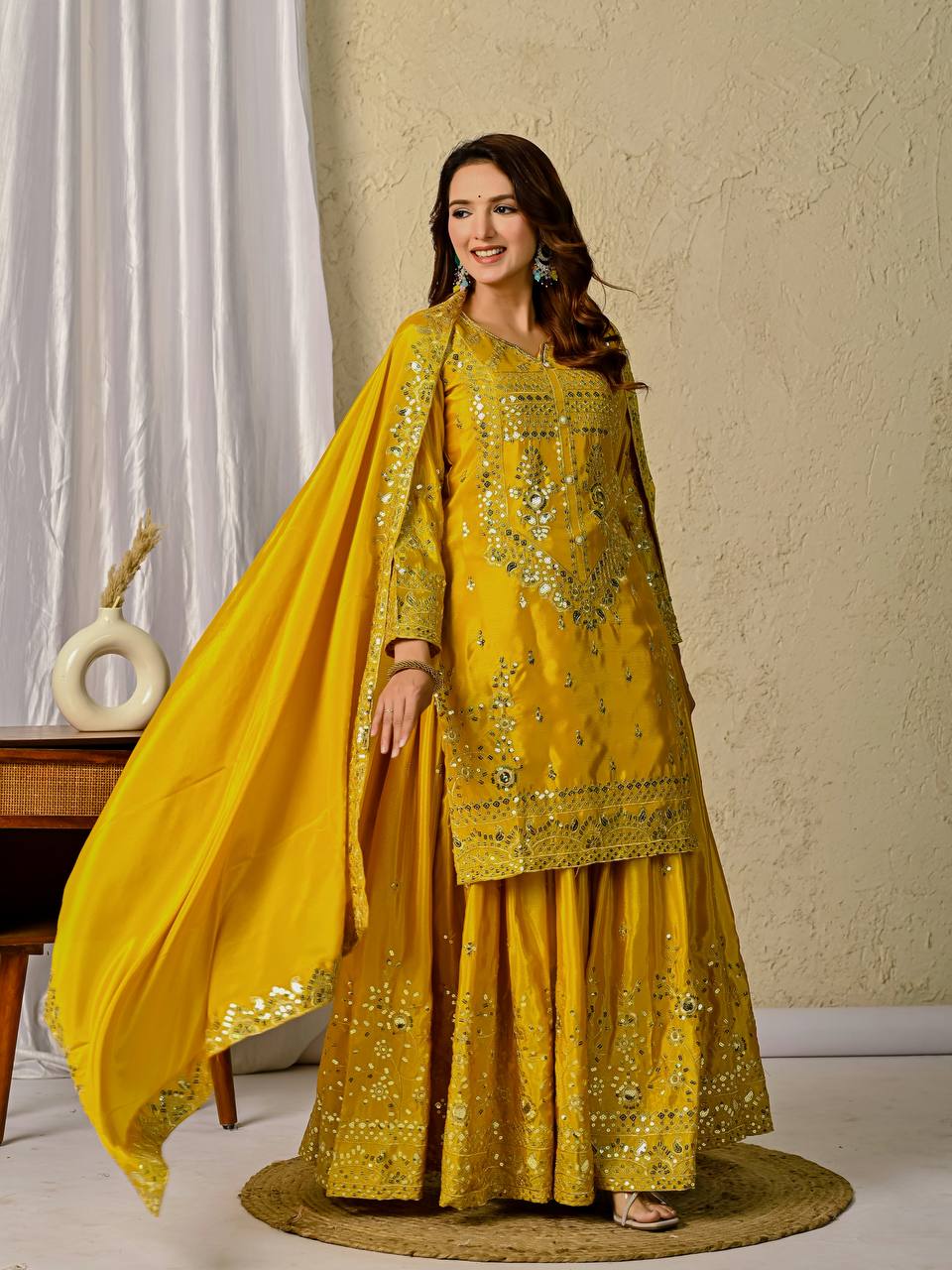 Beautiful Mustard Color Sequence Work Designer Sharara Suit
