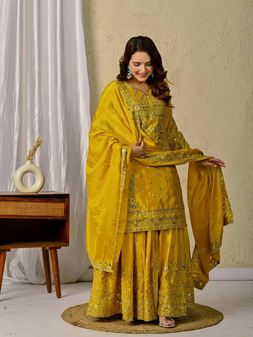 Beautiful Mustard Color Sequence Work Designer Sharara Suit