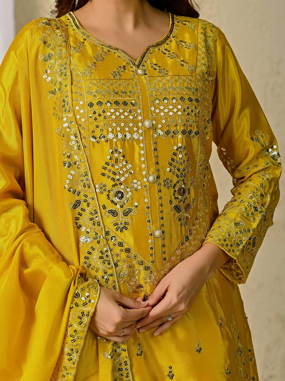 Beautiful Mustard Color Sequence Work Designer Sharara Suit