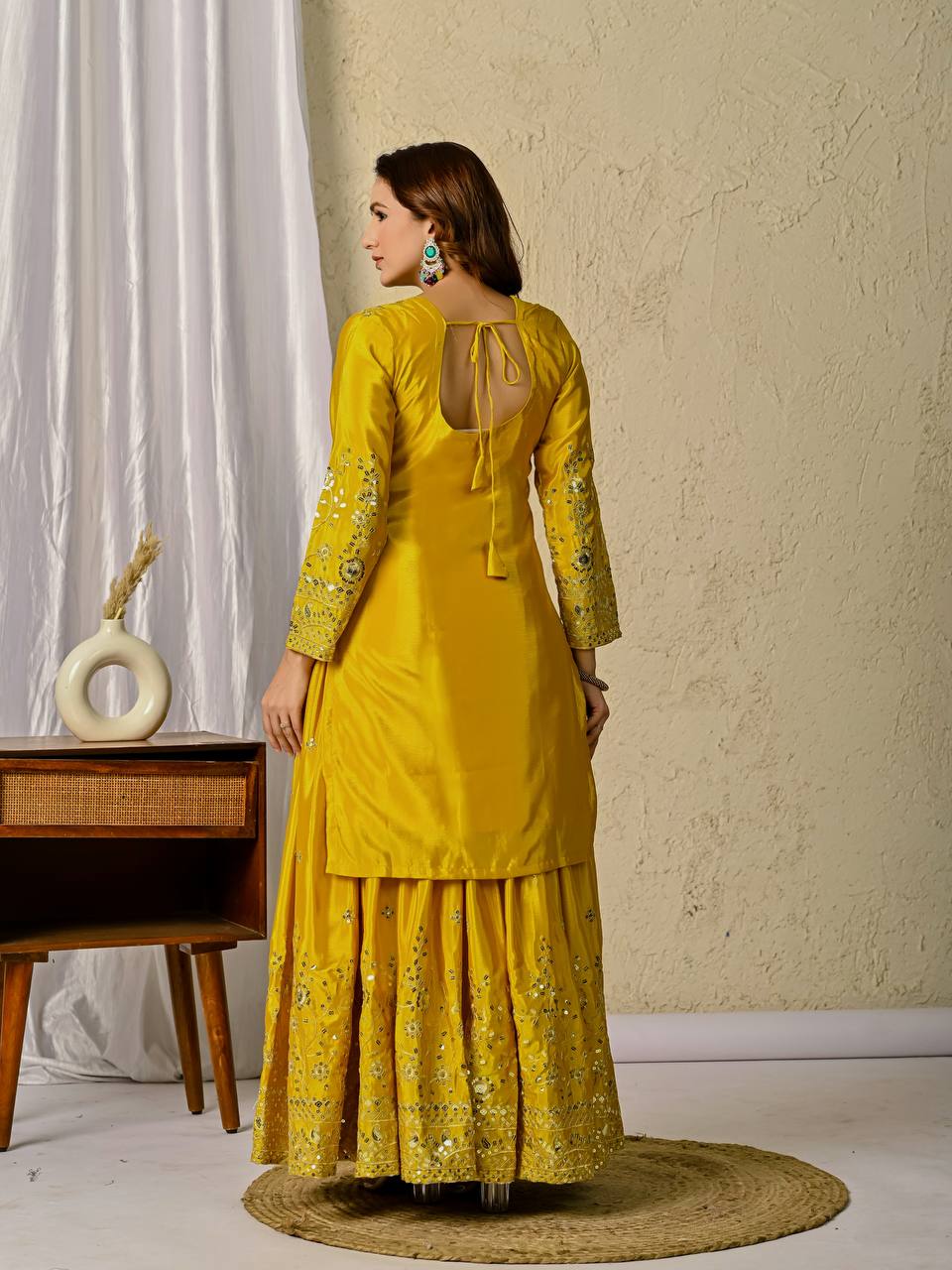 Beautiful Mustard Color Sequence Work Designer Sharara Suit