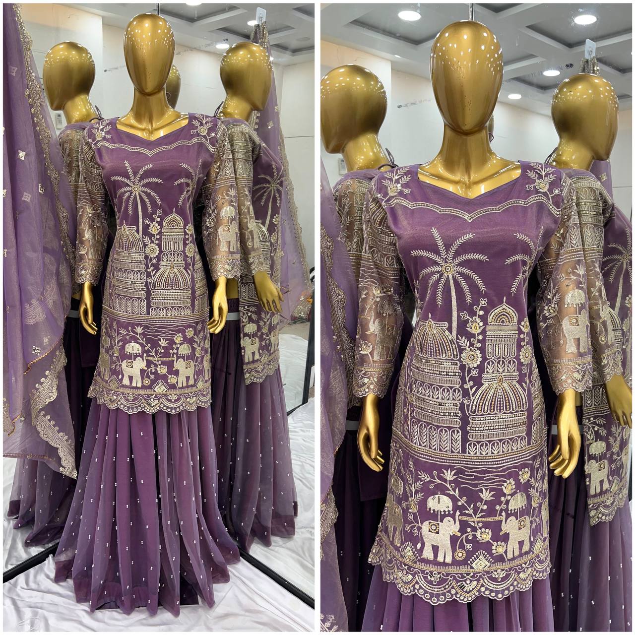 Embellished Lavender Color Twill Net With Heavy Embroidery Sequence Work Designer Palazzo Suit