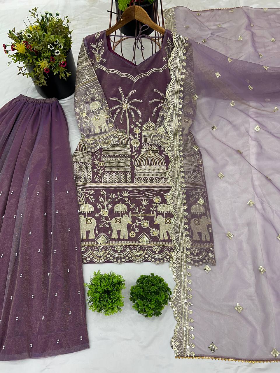 Embellished Lavender Color Twill Net With Heavy Embroidery Sequence Work Designer Palazzo Suit