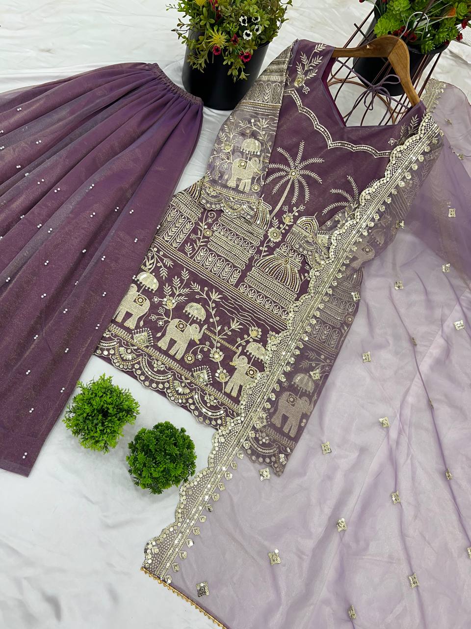 Embellished Lavender Color Twill Net With Heavy Embroidery Sequence Work Designer Palazzo Suit