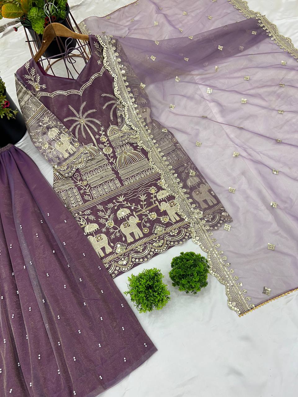 Embellished Lavender Color Twill Net With Heavy Embroidery Sequence Work Designer Palazzo Suit