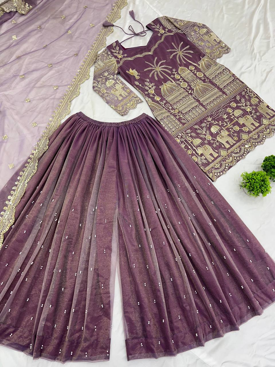 Embellished Lavender Color Twill Net With Heavy Embroidery Sequence Work Designer Palazzo Suit