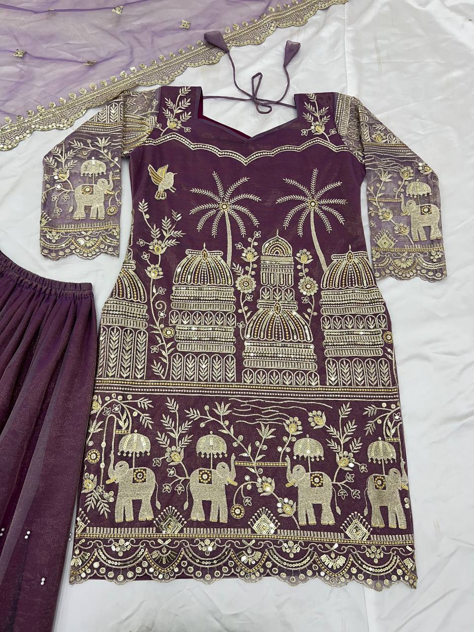 Embellished Lavender Color Twill Net With Heavy Embroidery Sequence Work Designer Palazzo Suit