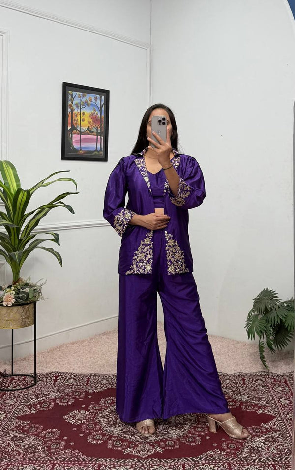 Celebrity Style Royal Blue Color Chinon With Embroidery Work Indo-Western Koti With Palazzo Set