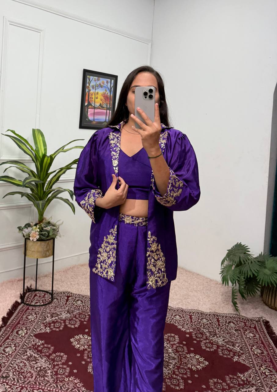 Celebrity Style Royal Blue Color Chinon With Embroidery Work Indo-Western Koti With Palazzo Set