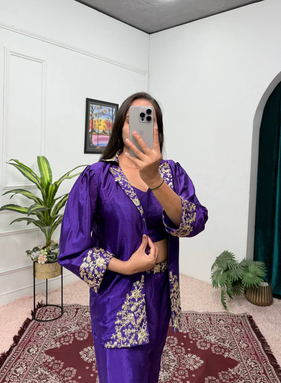 Celebrity Style Royal Blue Color Chinon With Embroidery Work Indo-Western Koti With Palazzo Set