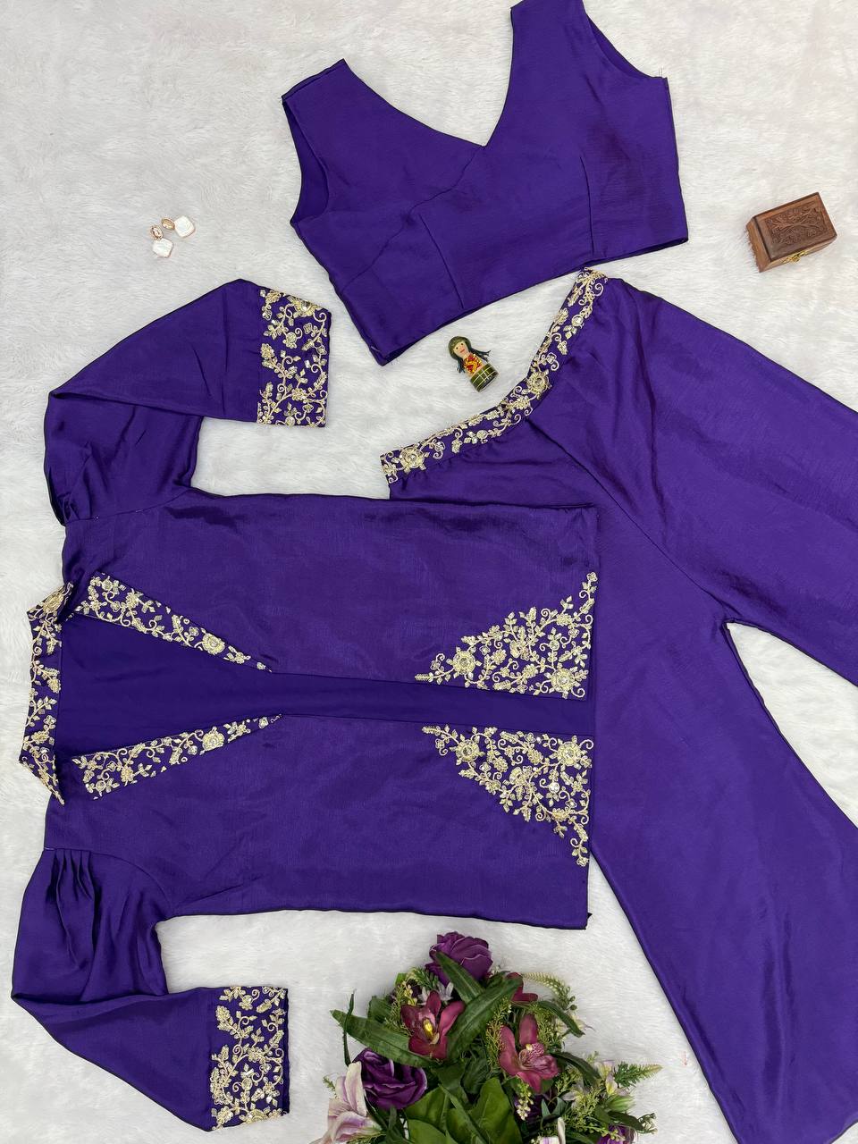 Celebrity Style Royal Blue Color Chinon With Embroidery Work Indo-Western Koti With Palazzo Set