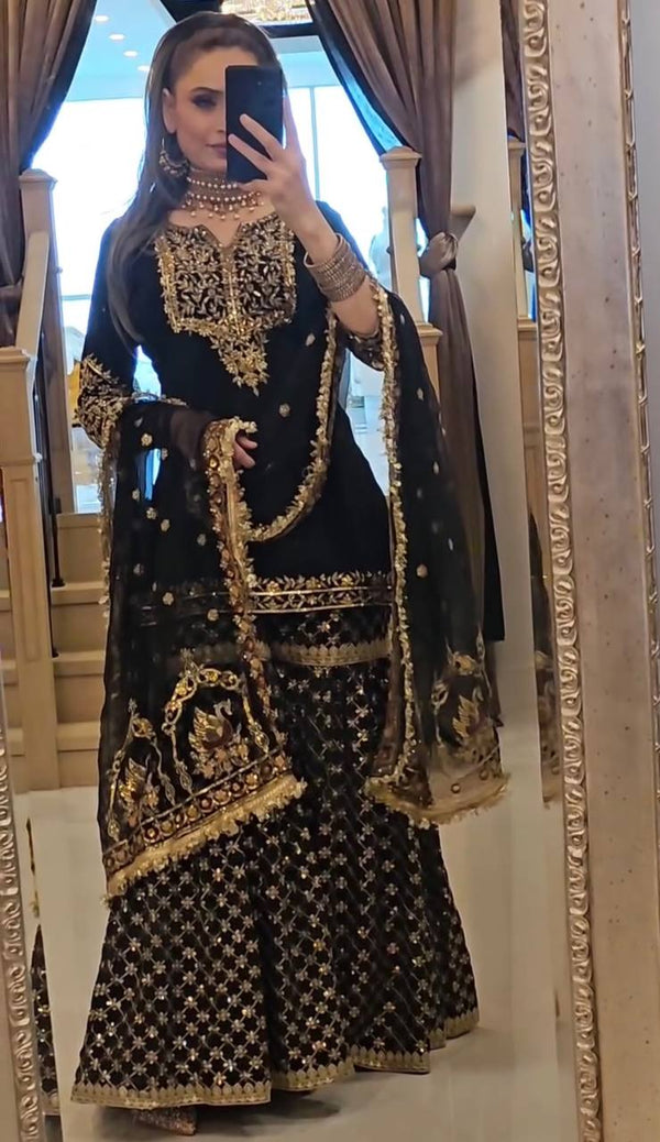 Celebrity Style Black Color Heavy Faux Georgette With Embroidery Sequence Work Sharara Suit