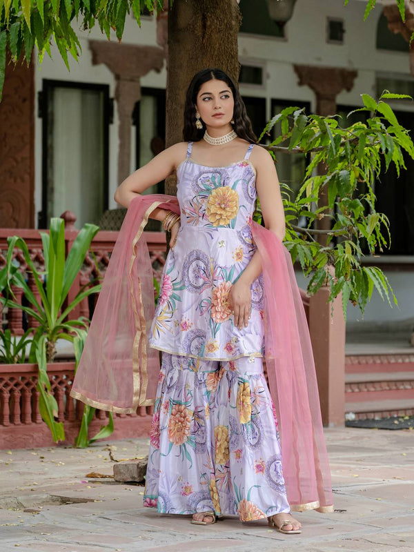 Festivals Wear Lavender Color Digital Print With Hand Aari Work Palazzo Suit