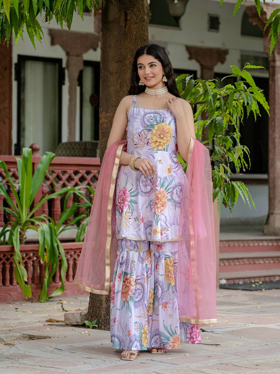 Festivals Wear Lavender Color Digital Print With Hand Aari Work Palazzo Suit