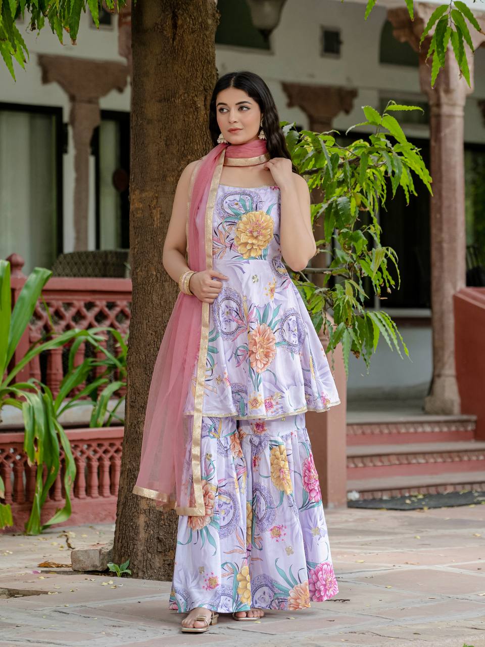 Festivals Wear Lavender Color Digital Print With Hand Aari Work Palazzo Suit