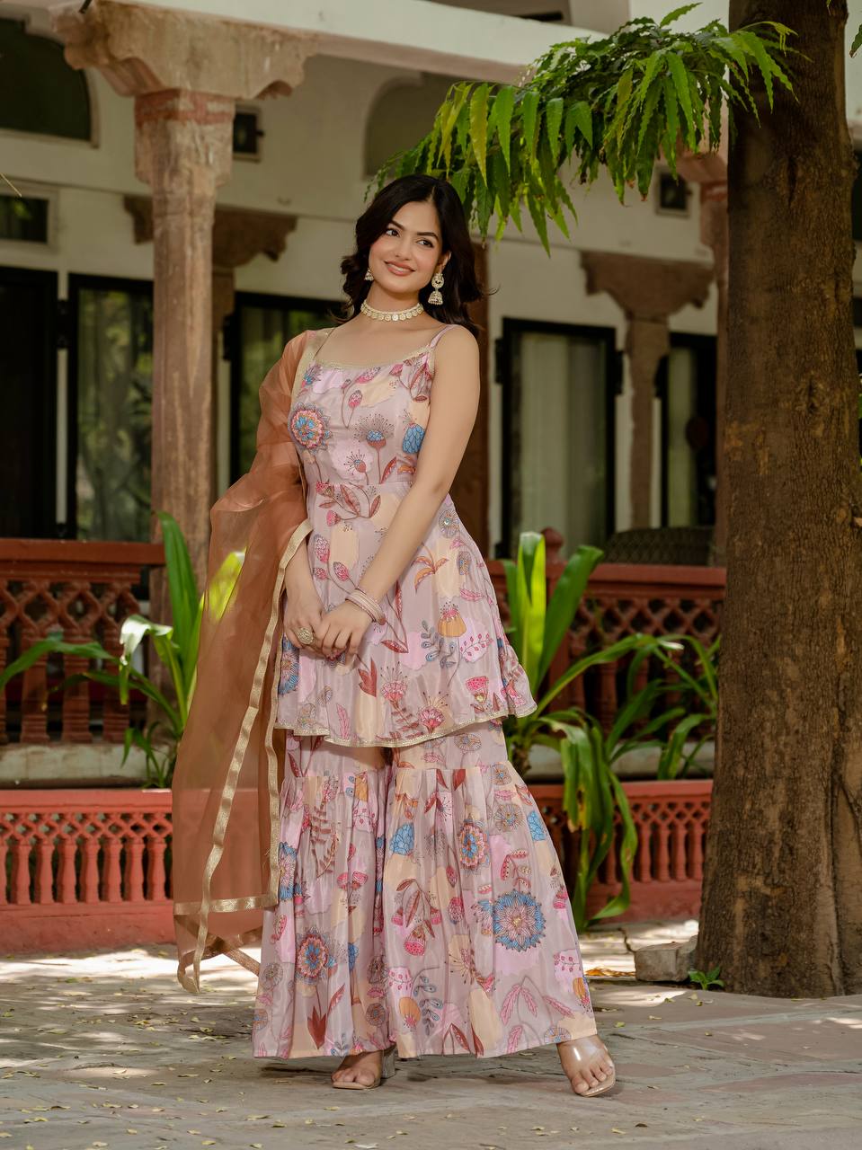 Wedding Wear Peach Color Digital Print With Hand Aari Work Palazzo Suit