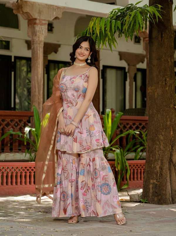 Wedding Wear Peach Color Digital Print With Hand Aari Work Palazzo Suit