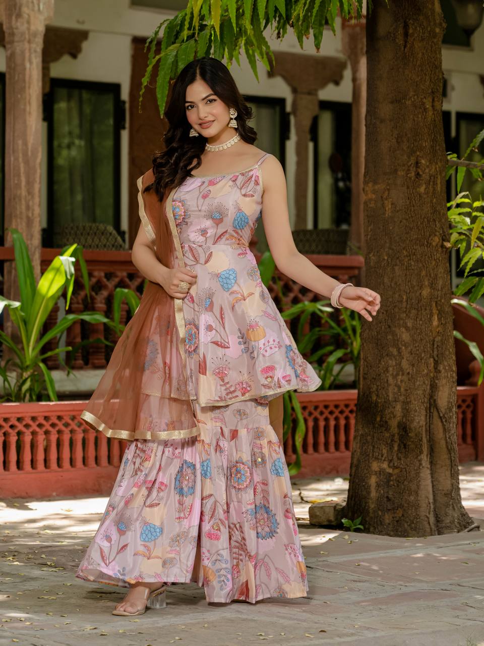 Wedding Wear Peach Color Digital Print With Hand Aari Work Palazzo Suit