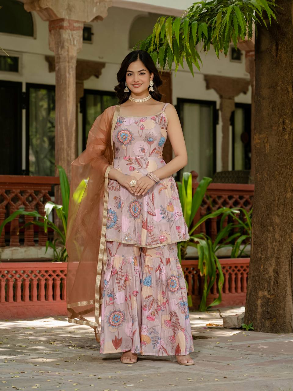 Wedding Wear Peach Color Digital Print With Hand Aari Work Palazzo Suit