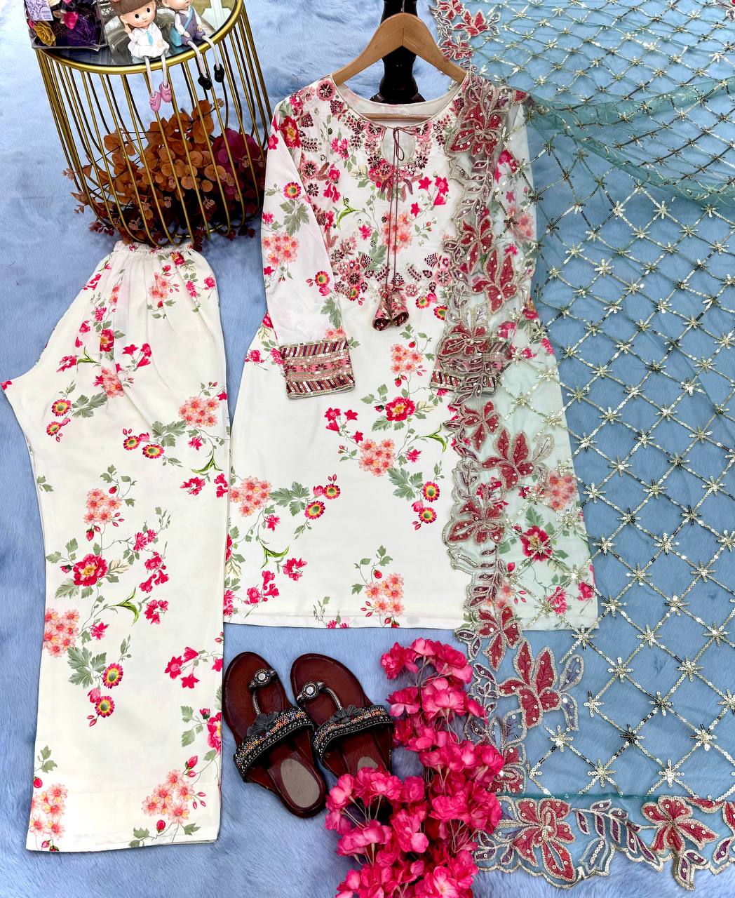 Party Wear White Color Heavy Printed Modal Silk With Embroidery Sequence Work Palazzo Suit