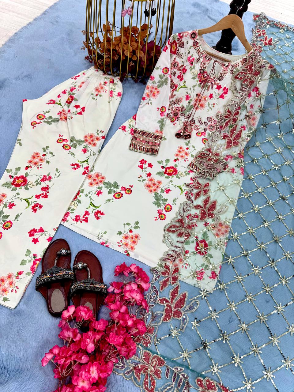 Party Wear White Color Heavy Printed Modal Silk With Embroidery Sequence Work Palazzo Suit