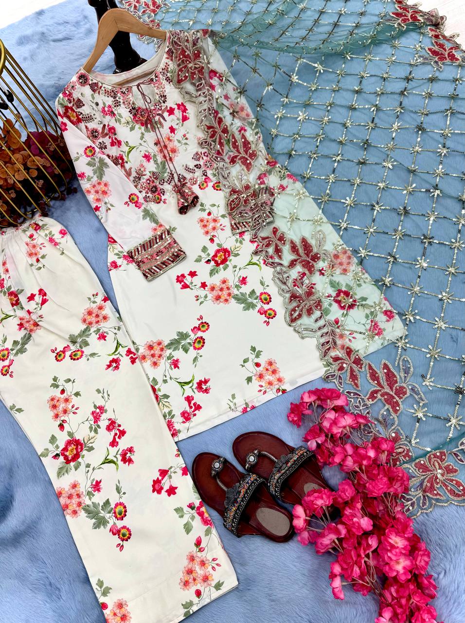 Party Wear White Color Heavy Printed Modal Silk With Embroidery Sequence Work Palazzo Suit