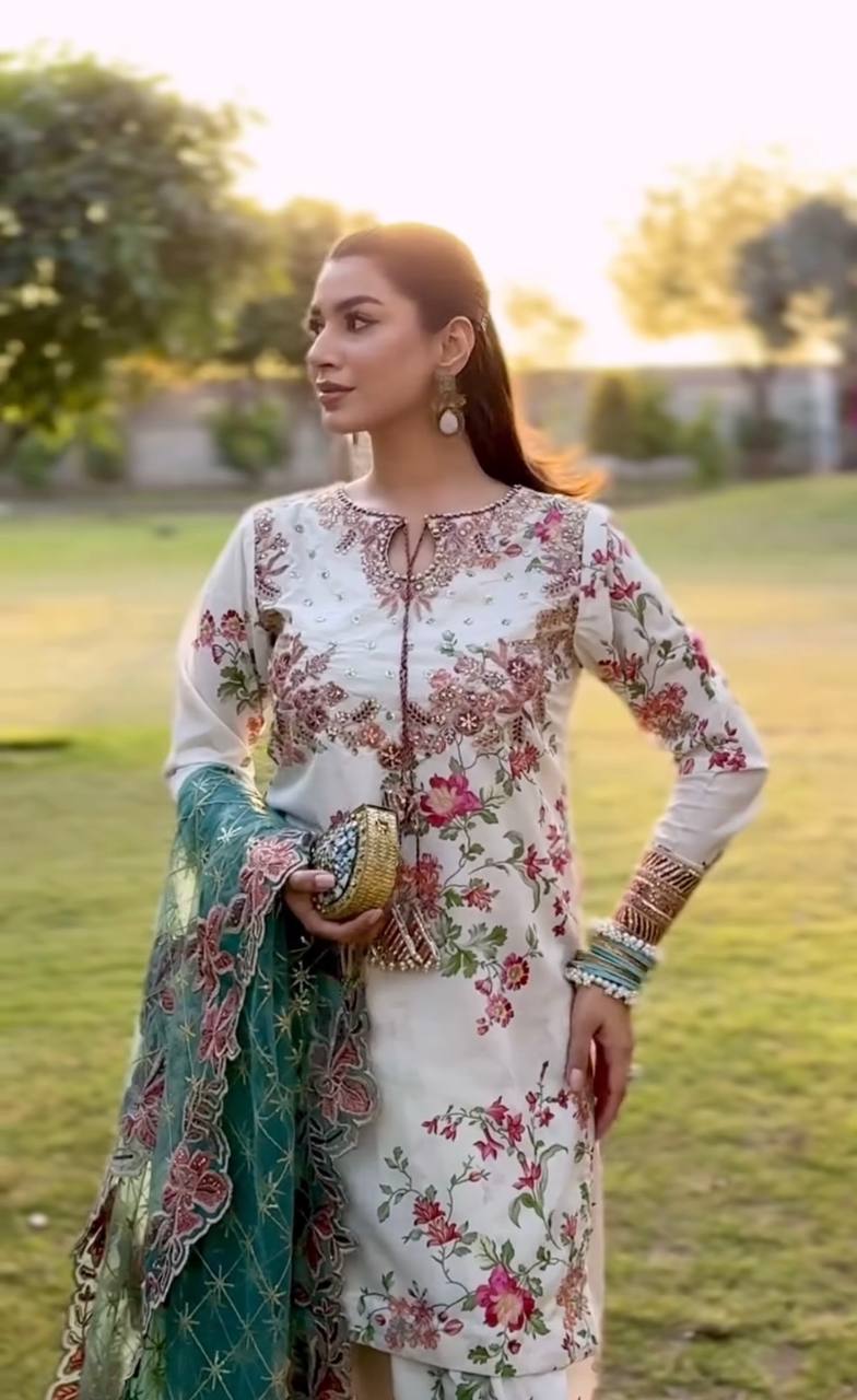 Party Wear White Color Heavy Printed Modal Silk With Embroidery Sequence Work Palazzo Suit