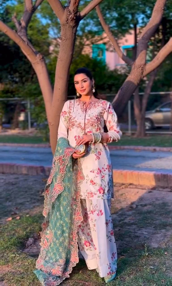 Party Wear White Color Heavy Printed Modal Silk With Embroidery Sequence Work Palazzo Suit