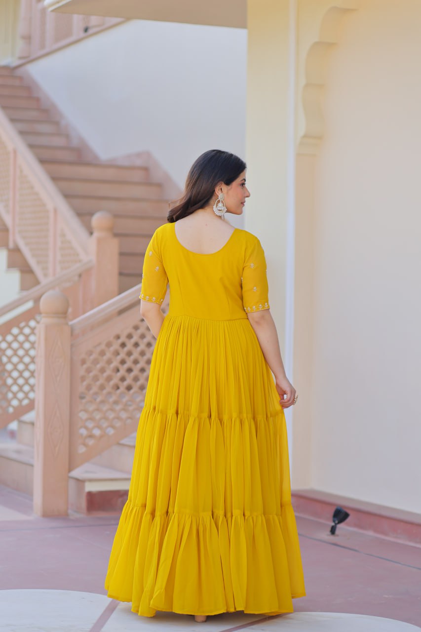 Wedding Wear Yellow Color Embroidered Designer Gown