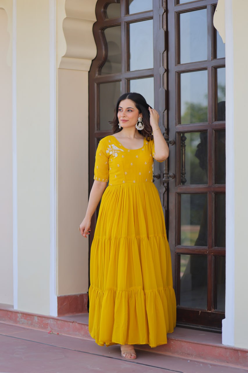 Wedding Wear Yellow Color Embroidered Designer Gown