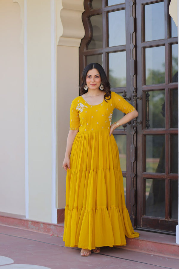 Wedding Wear Yellow Color Embroidered Designer Gown