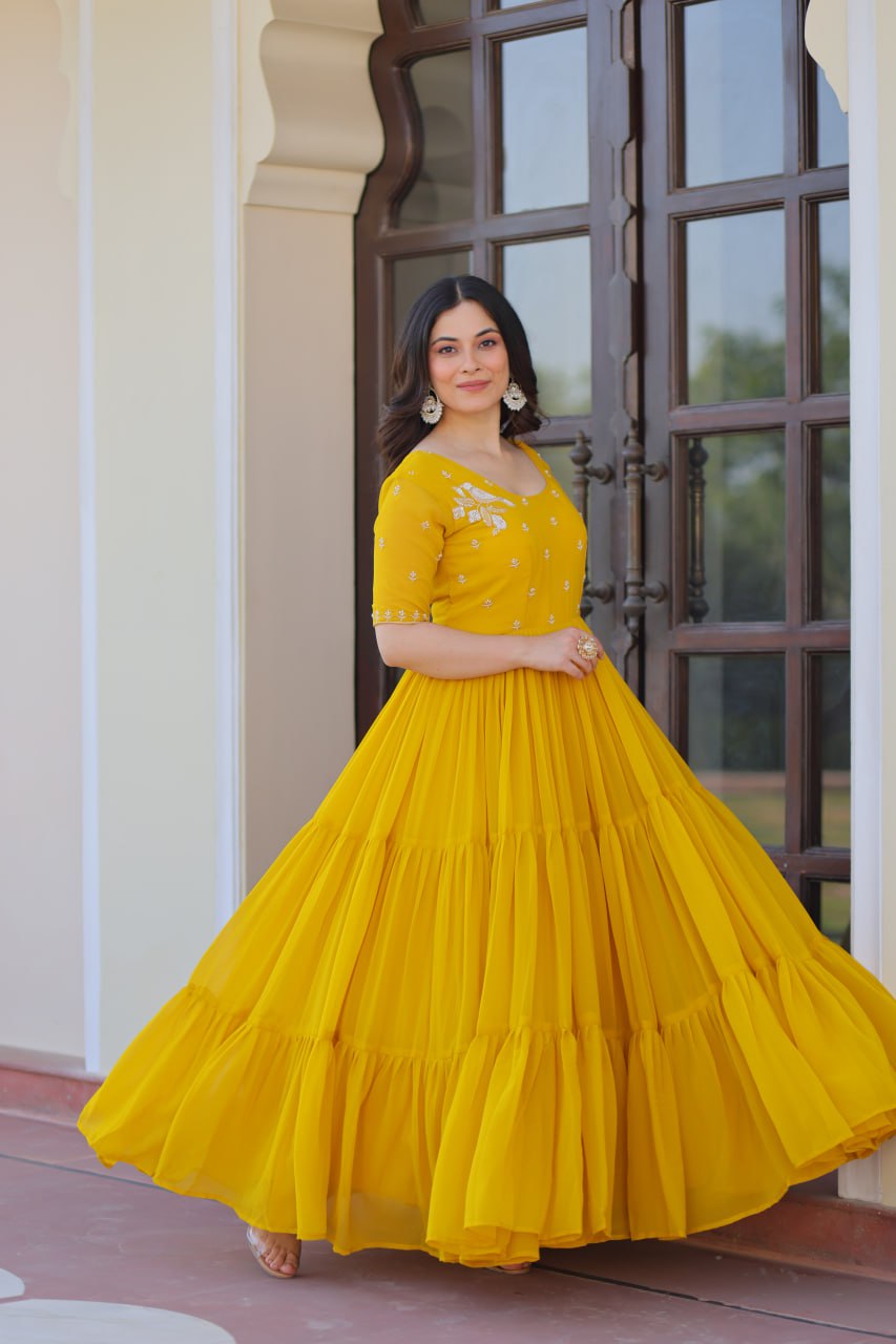 Wedding Wear Yellow Color Embroidered Designer Gown