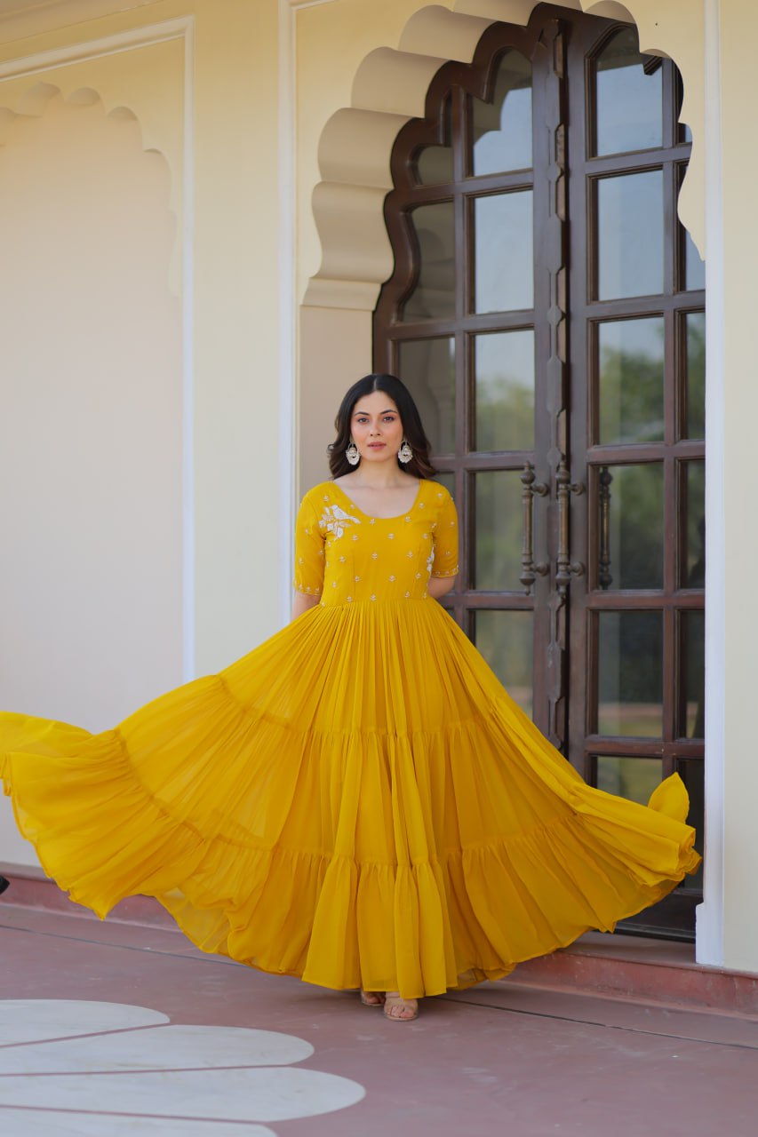 Wedding Wear Yellow Color Embroidered Designer Gown
