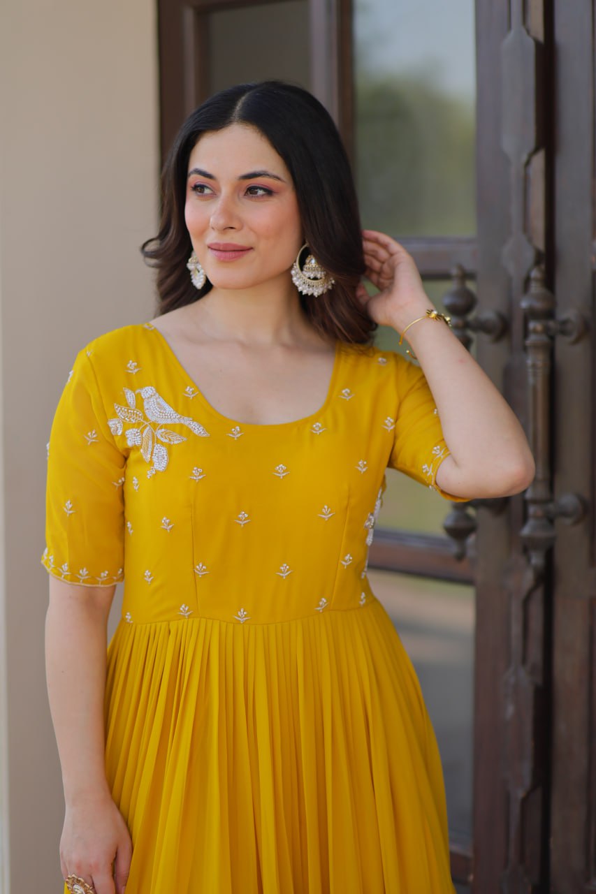 Wedding Wear Yellow Color Embroidered Designer Gown