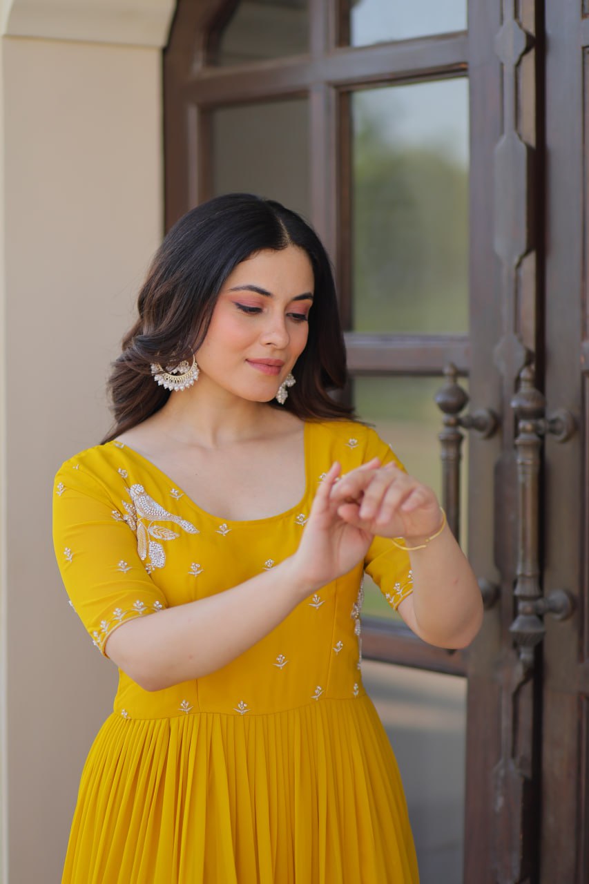 Wedding Wear Yellow Color Embroidered Designer Gown