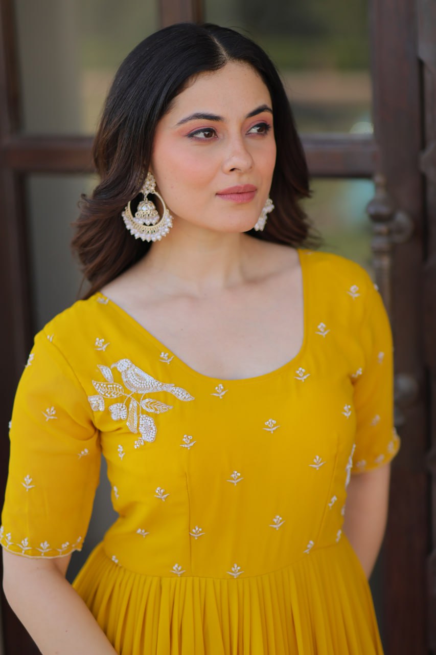 Wedding Wear Yellow Color Embroidered Designer Gown