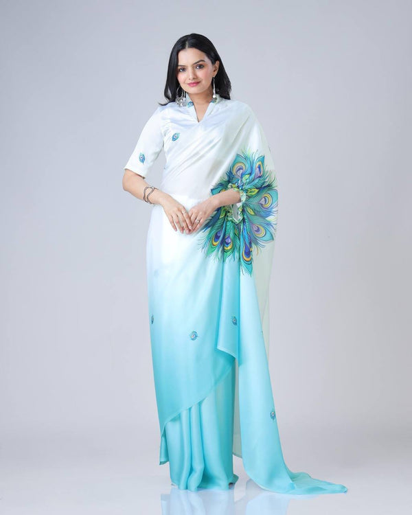 Trending Sky Color Japan Satin With Digital Print Work Hands-Free Ready To Wear Saree